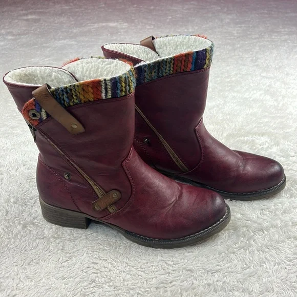 Rieker Amy 95891-35 burgandy sherpa fleece and yarn side zip boots, 40 or 8.5 - Picture 2 of 12